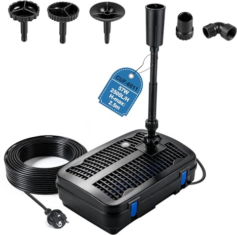 EXLECO Teichpumpe Außen mit UV Lampe 2500L/H 57W Teichfilter komplettset | mit Pumpe, 3 Fontänenaufsätzen, Filtermaterial, Springbrunnenpumpe, Filter Wasserpumpe, 10M Kabel für Brunnen, Teich