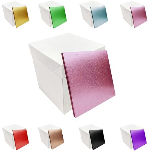 LARRYROO Tall White Extra Deep Cake Box + Lid & Square Colour Cake Drum Board Combo Pack for High Celebration, Wedding, Birthday Cakes (Light Pink, 14 Inch)