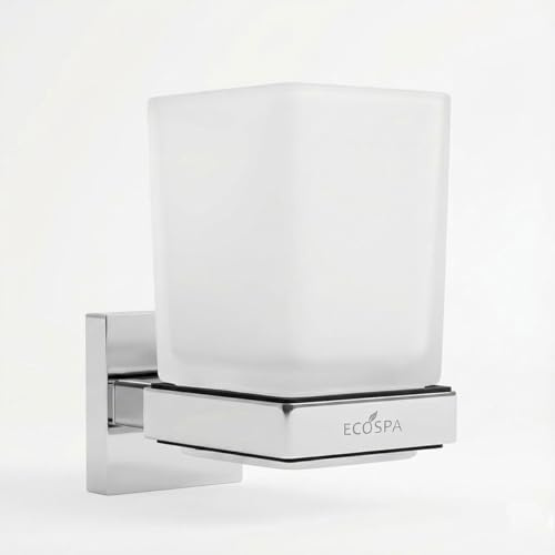 EcoSpa Frosted Glass Tumbler & Toothbrush Holder – Wall Mounted Bathroom Accessory with Polished Chrome Holder, Modern Square Design, Easy Installation