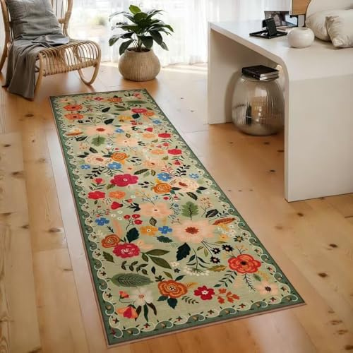 Senaire Runner Rugs for Hallway, 60X180Cm Machine Washable Door Mat Non Slip Long Floral Carpet Runners Rug for Hallway Entryway Bedroom Bedside Kitchen Living Room Laundry Lounge Office (Green)