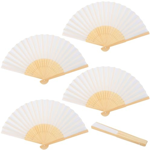 Weiß Faltbare Fächer, 4 Stück Handfächer Hochzeit, Stoff Fecher Sommer Hochzeit für eine Abkühlung Chinesischer Fächer,Wandfächer 21 cm, Hand Fans für Tanz Geburttag Hochzeit Party Deko