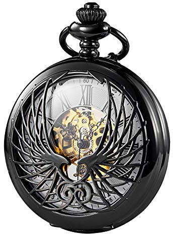 TREEWETO Skeleton Eagle Wings Design Case Roman Numeral Markers Mechanical Pocket Watch, Black
