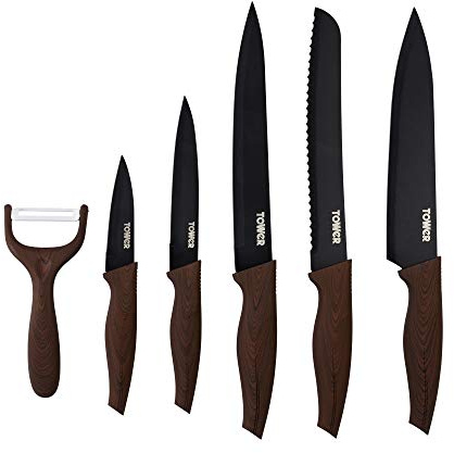 Tower T81536WT Kitchen Knife Set, Soft Touch Wood Effect Handles with Non Stick Coated Stainless Steel Blades, Walnut, 6-Piece
