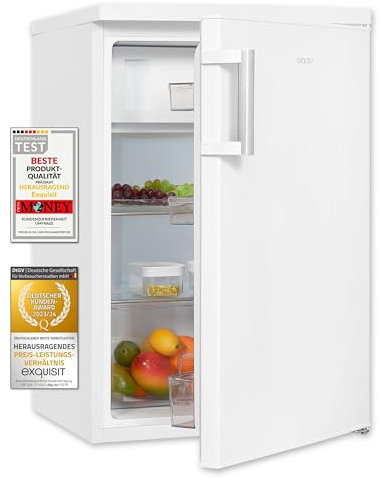 Exquisit Kühlschrank mit Gefrierfach, 120 Liter, 2 Ablagen, Gemüseschublade, 4-Sterne-Gefrierfach, Freistehend, Türanschlag wechselbar, EEK D, KS516-4-H-010D weiss