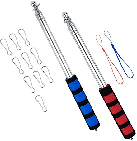 Kikuo 200 cm Teleskop Fahnenmast Fahnenmasten, Ausfahrbarer Stab mit 10 Clips, Zeigestab Ausziehbar mit Rutschfestem Griff, Handheld Fahnenstange für Touristenführer, Camping, Reisen (Blau und Rot)