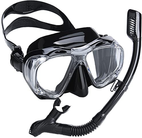 Dizokizo Snorkel Set Wide-View Adult Snorkeling Scuba Gear, Professional Snorkel Goggles Anti-Fog Diving Mask, Anti-Leak Swim Goggles and Dry Top Snorkel for Diving, Snorkeling, Swimming (Black)