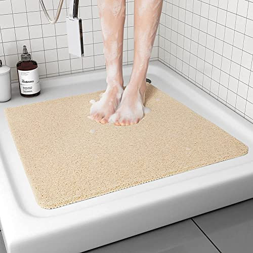 Avvrel Alfombra Ducha, Alfombrilla Ducha Antideslizante de Lufa Suave, Antimoho Antibacteriano Alfombra Baño, Drenaje Rápido Alfombra Bañera Lavable 54x54cm (Beige)