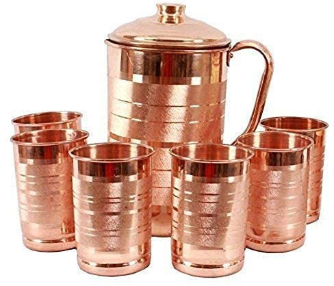 Brocca per acqua in rame Tamba con coperchio e 6 bicchieri in rame (250 ml ciascuno) Tamba brocca da 1500 ml