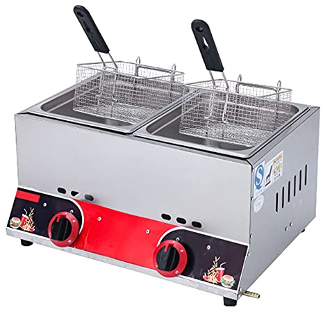 CHEMYO Friteuse à gaz Commerciale Professionnelle, friteuse GPL en Acier Inoxydable, Puissance de feu réglable, friteuse Double Grande capacité 22L, avec paniers et Couvercle, Nettoyage Facile