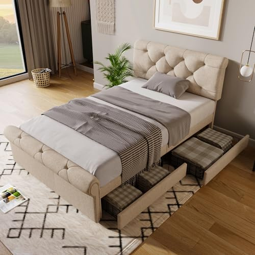 Dolamaní Polsterbett 90x200cm, Einzelbett mit 2 Schubladen, Kompaktbett, Höhenverstellbarem Kopfteil Funktionsbett, Leinen