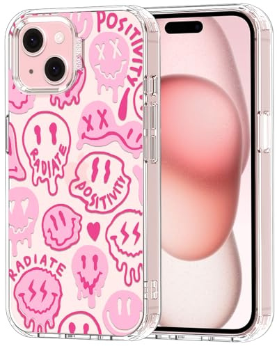 MOSNOVO für iPhone 15 Hülle – Durchsichtige, schlanke, stoßfeste TPU+PC-Handyhülle, [6,6 Fuß Fallschutz/Anti-Abziehen] - Rosa tropfendes Lächel-Gesicht mit positiver Ausstrahlung