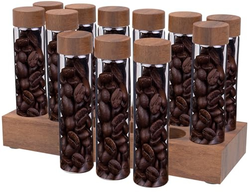 12 Tubes Coffee Bean Storage Tubes Portable Coffee Bean Container with Wooden Stand Sealed Coffee Bean Storage Jar with Lid Multipurpose Coffee Bean Storage Stand for Countertop