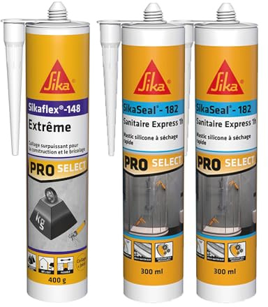 SIKA - Colle de fixation élévée à maintien immédiat - Intérieur et extérieur - Blanc - 290ml + 2x Mastic silicone à séchage rapide - Anti-moisissures - Joint sanitaire - Blanc - 2x300ml