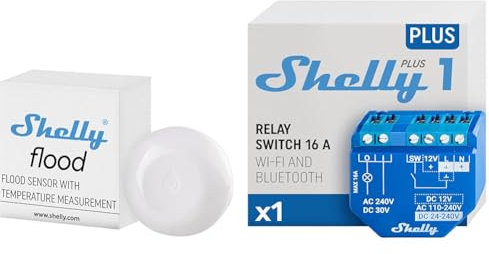 Shelly Flood | Kabelloser Flutsensor mit Temperaturmessung & Plus 1 | WLAN & Bluetooth Smart Relais Schalter