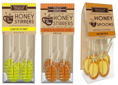 Melville Honey Spoon Bundle Pack of 3 Flavors - Honey Dipper, Manuka, Lemon, Orange Blossom - 15 Honey Spoons For Tea - Delicious Candy Spoons - Hard Candy Honey Spoons Lollipop On Wooden Ball Sticks