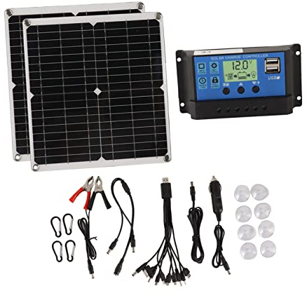 Solarpanel-Kit, Solar-Batterieladegerät, Tragbares Solarpanel 50 W, Solarpanel 60 A, Solarladeregler-Set mit 2 USB-Ausgängen für Wohnmobil-Camping-Blackout