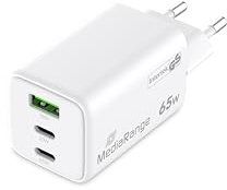 MediaRange Adaptador de Carga rápida GAN de 65 W (Enchufe Europeo), 2 USB-C y 1 USB-A, soporta USB-C® Power Delivery y Quick Charge™, Color Blanco