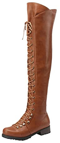 Overknees Stiefel Damen Flach Mit Reißverschluss - Kniehohe Stiefel Langschaft Lederstiefel Rundzehe Schnürstiefel Retro Reitstiefel Knee-High Springerstiefel Gothic Pu-Leder-Stiefel