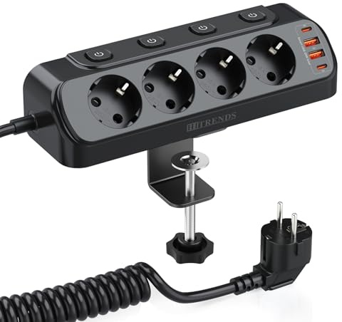 Bordsuttag skrivbord med USB C PD 20 W, grenuttag med 4 individuella brytare, 4-vägs hörnuttag, flera uttag väggmontering med fjädertråd 2 m kabel, överspänningsskydd, svart