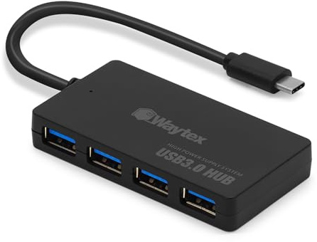 WAYTEX Hub USB 3.0 con 4 Puertos, Cable de 15 cm USB C 3.1 de Alta Velocidad de 5 Gbps y protección contra sobretensiones, Compatible con PC Fijo y portátil, Macbook, iPad Pro, iPad Air, iPhone y