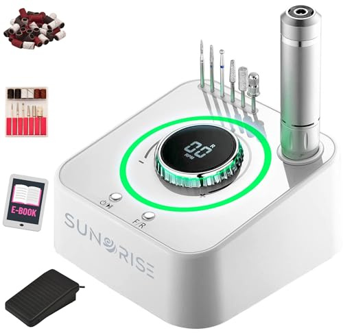 SUNORISE - Fresa per Unghie Professionale - 40000 Giri, LED Multicolor e USB - Lima Elettrica - 6 Punte 36 Cilindri - per Pedicure e Manicure - Nail Drill - Modello UV 601 - Bianco