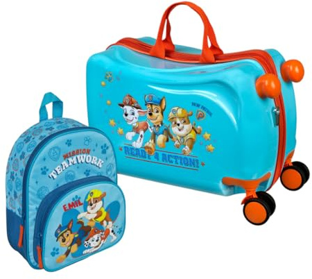 Undercover Kinderkoffer Ride-On Paw Patrol, Koffer Set mit Kinderrucksack, Personalisiert mit Name, Trolley zum Draufsitzen, Handgepäck Reisekoffer