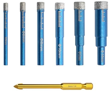 7 Pezzi Gres Porcellanato Punte Trapano 5/6/8/10/12/14mm,Set di Punte per Granito con 6 mm Carbide Punte,per Vetro, Ceramica, Granito, Marmo