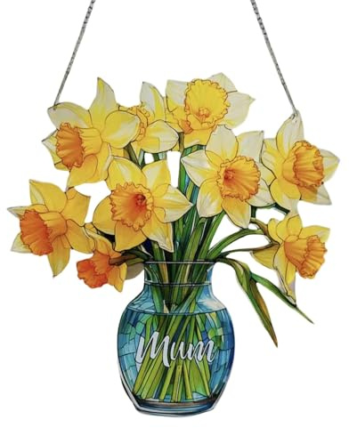 Decorative Hanging Wall Art Everlasting Daffodils In Vase Stained Glass Suncatcher – Birth Flowers Window Hanging For Mum Grandma Garden Lovers (A, One Size)