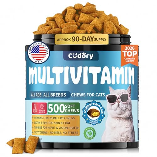Taurine for Cats Vitamins Treats Snacks – Cat Multivitamin 500 Crunchy & Creamy Chews – Supports Immune, Joints, Digestion, Skin & Coat – Daily Healthy Supplement for Cats of All Ages (90-Day Supply)