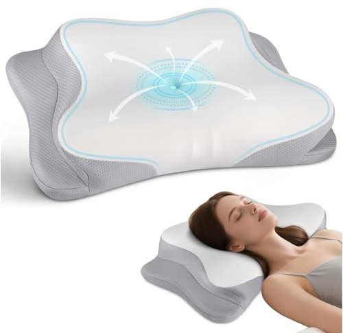 Cervical Neck Pillow - Cooling Ergonomic Neck Support Pillow for Sleeping, Orthopedic Contour Memory Foam Pillows for Side, Back & Stomach Sleepers with Pillowcase (Grey)