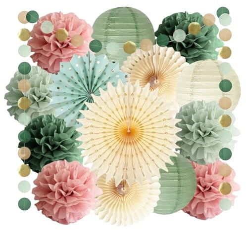 Salbeigrün Geburtstagsdeko Bunt Papierblumen zum Aufhängen Papier Lampions,Girlanden Geburtstag,Deko Jugendweihe Mädchen,Geburtstagsgirlande Erwachsene,Brautparty,Hochzeit,Kommunion Deko Party
