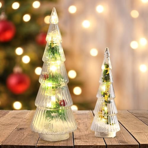 Mini Weihnachtsbaum mit Beleuchtung, 2 Stück LED Künstlicher Weihnachtsbaum Klein, Acryl Mini Tannenbaum, 23.5/14.5cm Kleine Weihnachtsbäume, Kleiner Tannenbaum Kristall Tischdeko Weihnachten Deko(B)