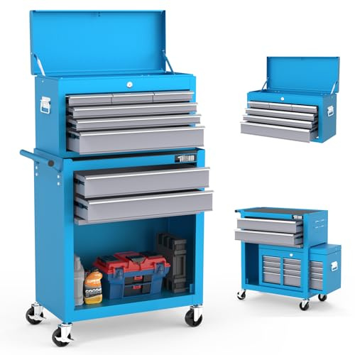 TUFFIOM 8-Drawer Rolling Tool Chest, Tool Storage Cabinet w/Lockable Wheels, Detachable Top, Drawers & Side Hooks, Mechanic Tool Organizer Box for Garage Warehouse Repair Shop