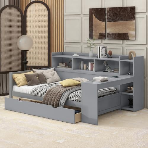 WIZBED Massivholz Schlafsofa 90x200 mit Schreibtisch, Staufach, Steckdose + USB, 2 Schubladen,Tagesbett Schlafcouch, Gästebett | Holzbett, ohne Matratze,Grau