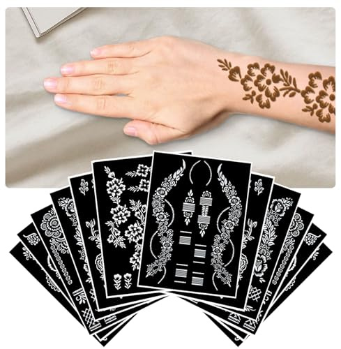 LOPHE Tattoo Stencils for Adults - 12 Reusable Boho Floral Designs | Flower Lace Tattoo Stencil Paper for Women Girls | Henna, Festival, Birthday, Bridal Shower Accessory