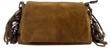 MODELISA - Bolso Bandolera Con Flecos Pequeño Estilo Casual Solapa Correa De Hombro Ajustable Para Mujer (Camel)