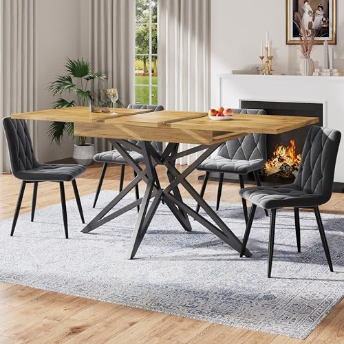 Gxffipw Essgruppe Ausziehbarer Esstisch mit 4 Stühlen Set für 4 Personen, Küchentisch Höhe 66.1 cm mit Sternförmige Tischbeine und 4 Grau Samt Esszimmerstühle, Walnussfarbe Tischplatte, Esszimmermöbel