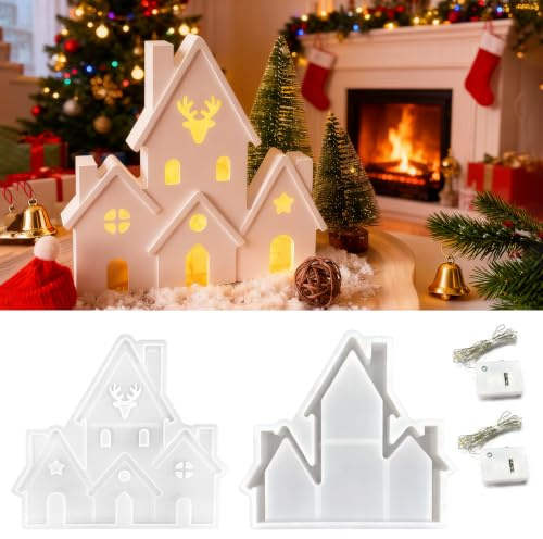 TZEKING 4 Stück Silikonformen Gießformen Häuser,Gussformen Häuser für Gips mit Elchmotiv,mit 2m(2X1m) Lichtkette,17.5 x 16cm 3D Silikonform Haus,Weihnachten Giessformen,für Weihnachtsdeko