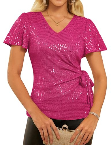 GRACE KARIN Haut péplum à paillettes scintillantes pour femme - Col en V - Manches courtes fendues
