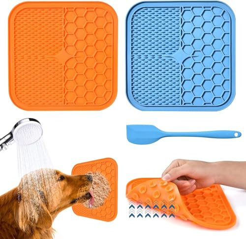 AiQInu Tapis de Lèche Chien, 2 Pièces Tapis de Lechage pour Chat sans BPA avec 1 Spatule en Silicone, Ventouses Extra Fortes pour Le Bain, l'entraînement, Le Toilettage et l'entretien des Griffes