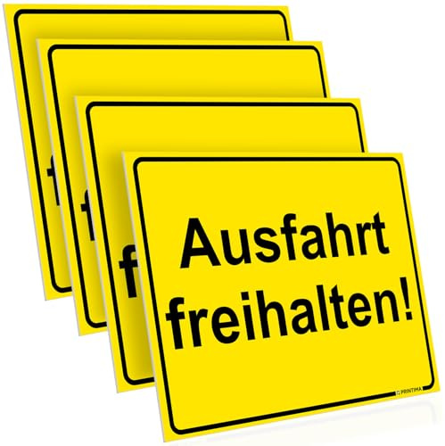 PRINTIMA 4x Schild 40x30 cm gelb Ausfahrt freihalten! wetterfestes PVC Hinweisschild inkl. Befestigungsmaterial für Tore, Garagen, Zufahrten und Privatgrundstücke