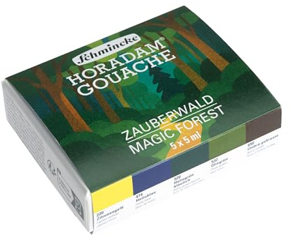Schmincke HORADAM GOUACHE Scatola di pittura compatta in cartone a tema Foresta incantata con 5 migliori colori a guazzo altamente pigmentati in tubetti da 5 ml, 72723097, set da pittura