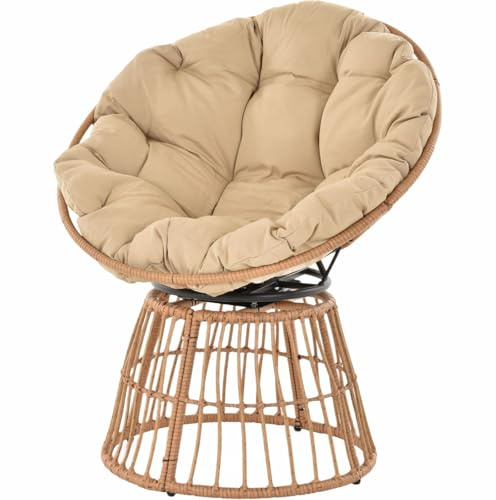 Krines Home Outdoor Papasan Garten Drehsessel wetterfest mit Polster Garten Sitzschale Rattansessel drehbar (Sand, Papasan drehbar)