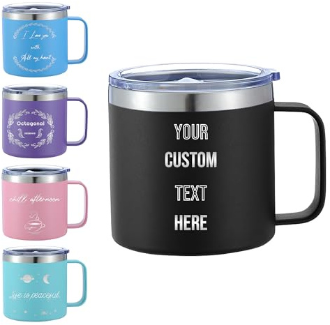 Mocessory Tazza Termica Personalizzata da 14oz con Incisione | Tumbler da Caffè in Acciaio Inox con Manico e Coperchio – Tazza Personalizzabile per Papà, Mamma e Coppie