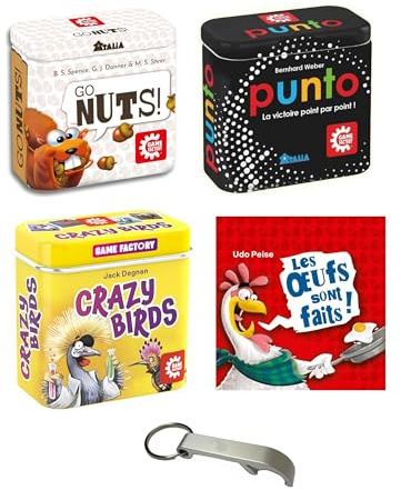 Lote de 4 mini juegos de cajas de metal con huevos hechos + punto + loco Birds + Go Nuts en francés + 1 Decap Blumie