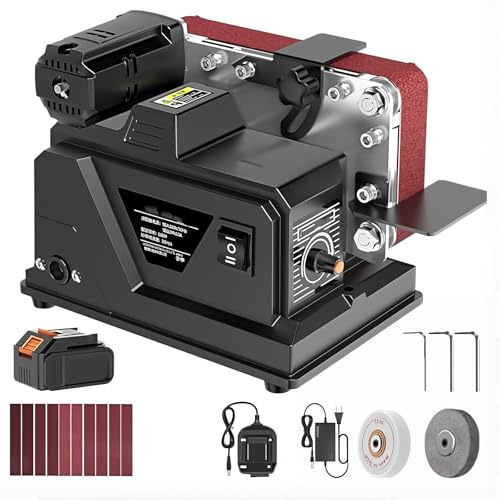 Mini Bench Belt Sander, 180W Electric Sander with 3000mAh Battery, 10m/s Belt Speed, Stepless Speed Control, Forward/Reverse Switch, Includes Fibre & Cloth Wheels
