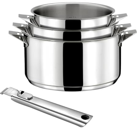 CUISINOX - Eclipse - Lot de 3 casseroles tout inox 16/18/2 cm (1.5L, 2L, 3L) et poignée inox - Fond encapsulé - Compatible tous feux dont induction - Acier Inoxydable 18/1 - Finition miroir