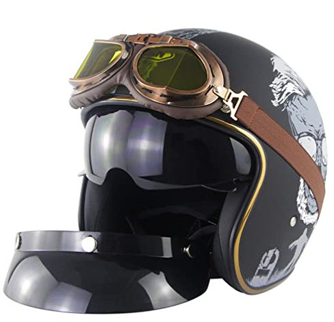 Generic Motorradhelm Chopper Retro Casco mit Schutzbrille Vintage Open Face Old School Casque Moto Cacapete DOT Stoßfest