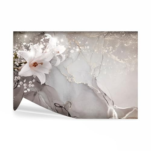 decomonkey Papier Peint Panoramique Fleurs Abstrait 350x256 cm | Décoration murale moderne, Tapisserie décorative pour chambre salon, Marbre plantes lys fleurs nature abstraction