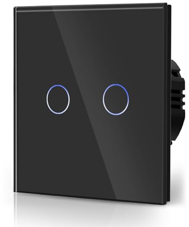 BSEED Touch Lichtschalter aus Glas, Modern Schalter Unterputz, Wandschalter mit LED Hinterlicht (Kein Neutralleiter erforderlich), KEIN WLAN, 86mm 2 Fach 1 Weg Schwarz